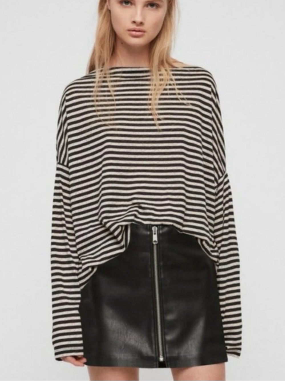 AllSaints Rita Black White Oversized Striped Long Sleeve Tee Large Comfy Relaxed